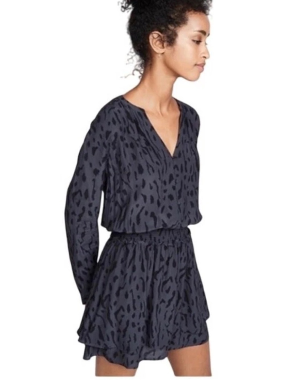 NWT Rails Jasmine Dress Black Animal Print Mini Dress Smocked Waist Long Sleeve
